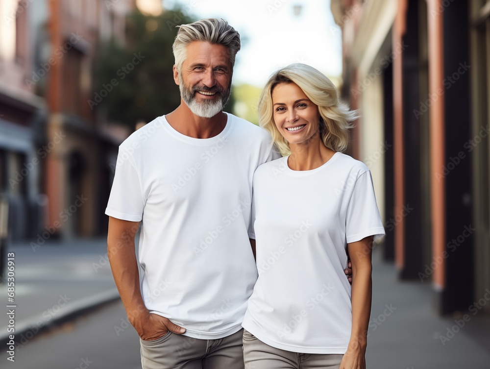 A senior couple wearing white matching t-shirts mockup for design template A senior couple wearing white matching t-shirts mockup for design template