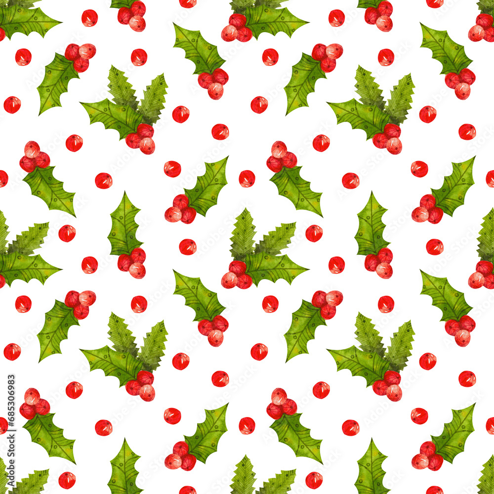 Holiday watercolor seamless pattern.  Cute  background with mistletoe.  Texture for Christmas and New Year decor, wrapping paper, scrapbooking.