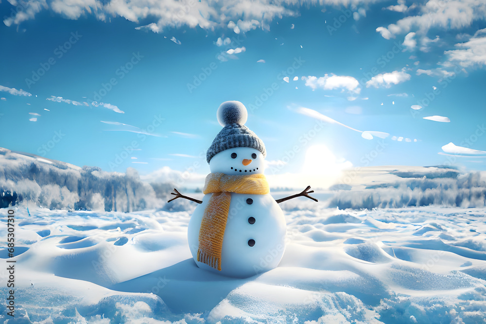 Obraz premium Little cute snowman in a hat and scarf on snow and winter snow forest. Copy Space Merry Christmas background