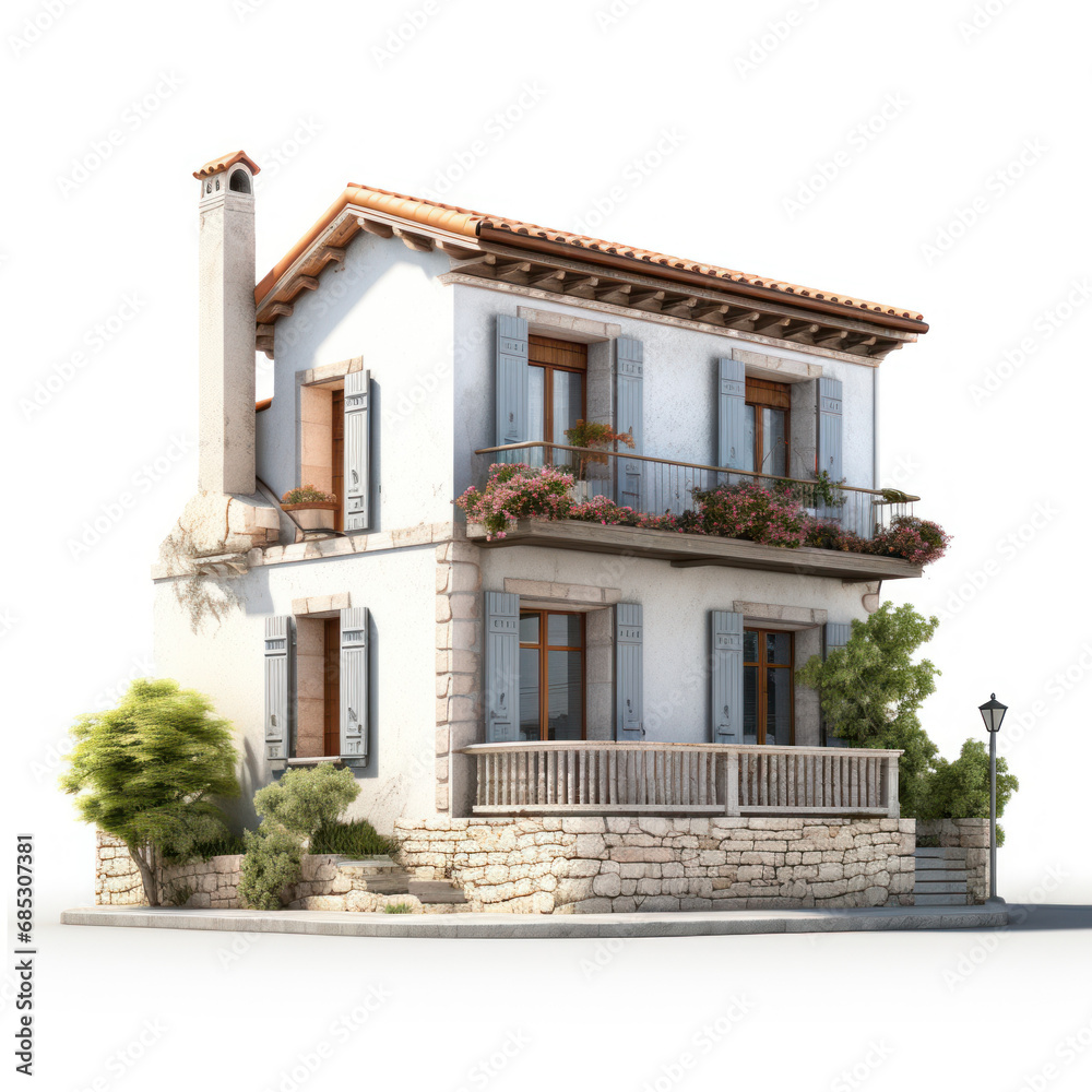 petite maison typique traditionnelle du sud de l'Europe proche de la Méditerranée, isolée sur fond blanc