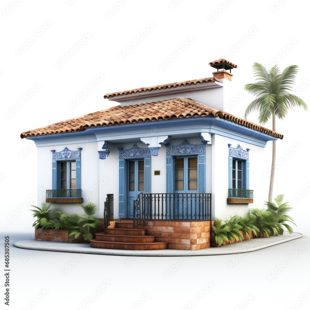 petite maison typique traditionnelle Antillaise isolée sur fond blanc