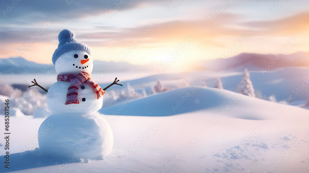 Obraz premium snowman wearing a hat and scarf on snow and sunny winter snowy forest. Copy Space Merry Christmas background