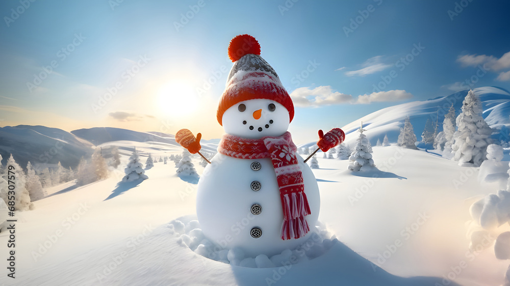Fototapeta premium Little cute snowman in a hat and scarf on snow and sunny winter snow forest. Merry Christmas background