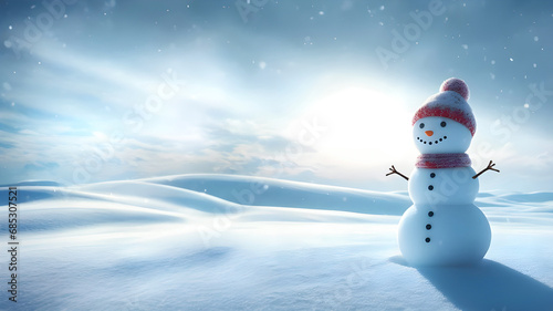 Little cute snowman in a hat and scarf on snow and winter snow forest. Copy Space Merry Christmas background photo