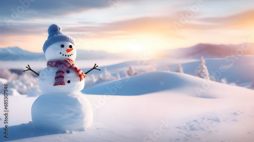 snowman wearing a hat and scarf on snow and sunny winter snowy forest. Copy Space Merry Christmas background © MadeByAnas