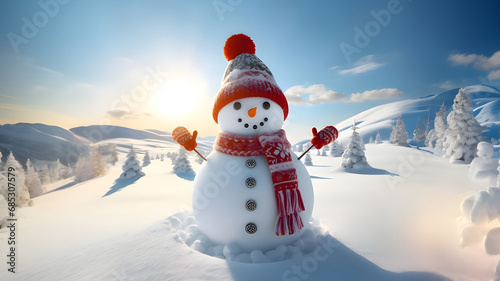 Little cute snowman in a hat and scarf on snow and sunny winter snow forest. Merry Christmas background © MadeByAnas
