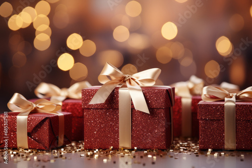 Red Christmas gift boxes with gold bow on red defocused holiday background. Generative Ai © Anthony Paz