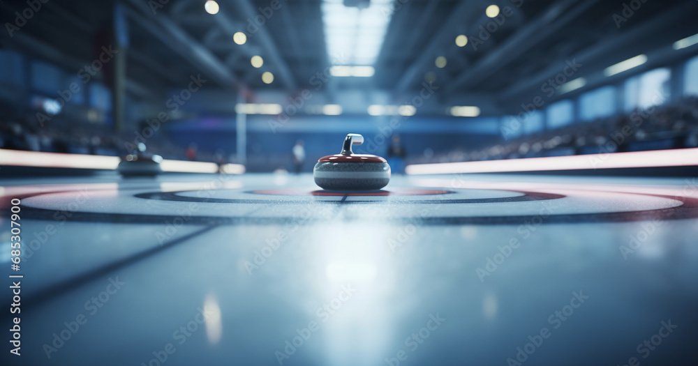 Close up shot of a curling wheel in an indoor sports arena.