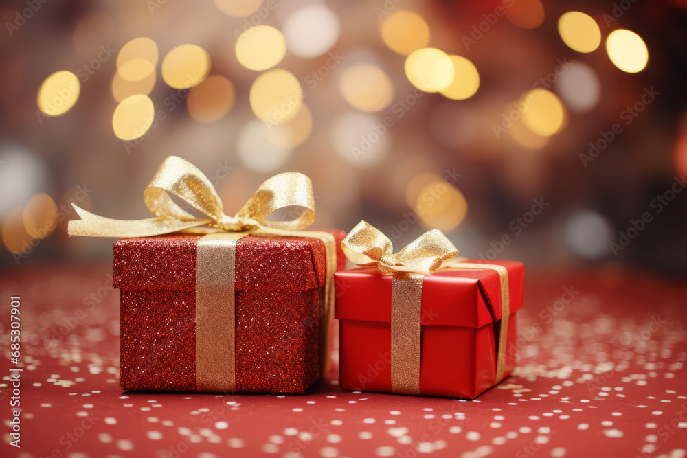 Red Christmas gift boxes with gold bow on red defocused holiday background. Generative Ai Red Christmas gift boxes with gold bow on red defocused holiday background. Generative Ai
