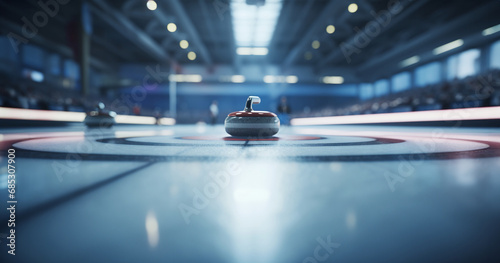 Close up shot of a curling wheel in an indoor sports arena.