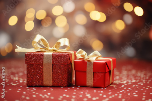 Red Christmas gift boxes with gold bow on red defocused holiday background. Generative Ai