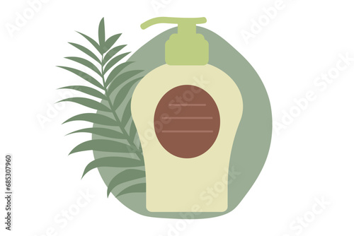 Organic skin care concept. Liquid milo or shower gel decoration with natural leaves. Imitates avocado