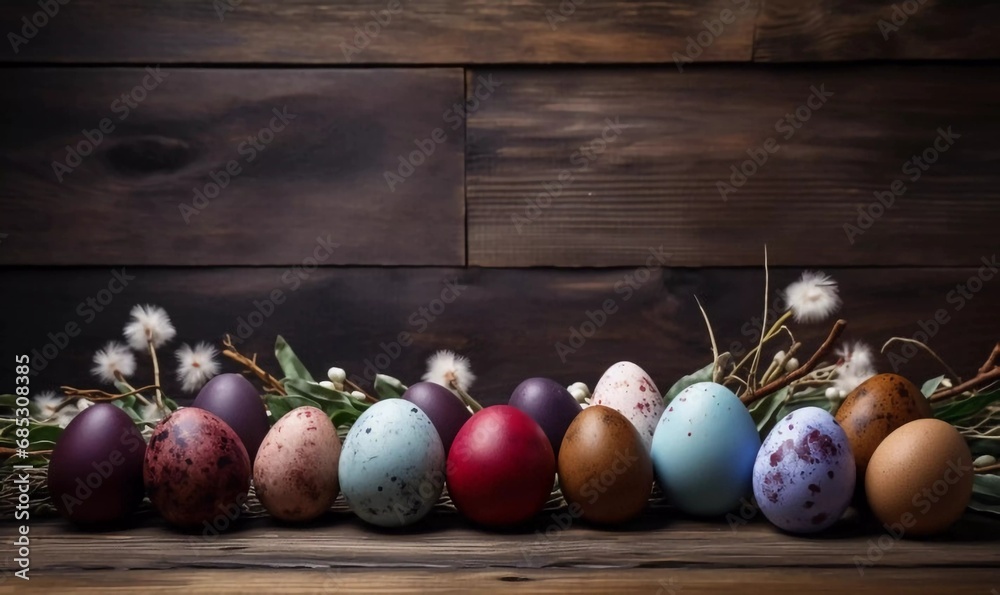 Easter eggs and natural wooden table for country, background and texture, AI generator Easter eggs and natural wooden table for country, background and texture, AI generator