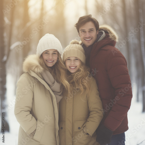 Winter Wonderland: A Happy Family Enjoying the Festive Season, Walking in the Snowy Forest. An Active Christmas Holiday Filled with Joyful Moments 