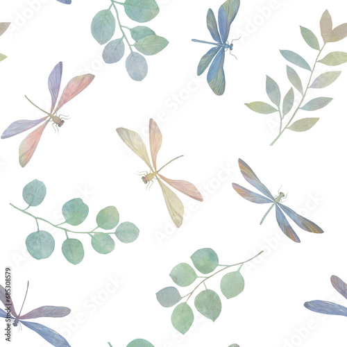 delicate watercolor dragonflies in botanical seamless pattern  illustration for wallpaper design  wrapping paper  print  greeting cards.