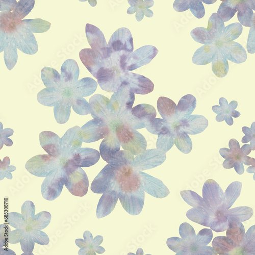 Fototapeta Naklejka Na Ścianę i Meble -  Seamless floral pattern. Delicate abstract watercolor flowers on a beige background in digital processing, for textiles, packaging, wallpaper