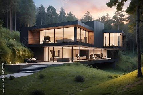 AI generated of a picturesque two-story house perched atop a grassy hillside photo