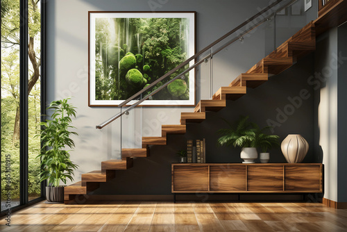 Green summer or spring leaves, tree branch over interior design scene. Natural ecology concept idea. Minimal bathroom with staircase on generative AI