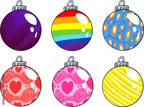 Hand drawn vector drawing of sox Christmas balls set, collage. Purple, rainbow, blue, red and pink hearts, golden Colourful, cartoon style, doodle, decoration, symbol, sign, holiday, happy new year