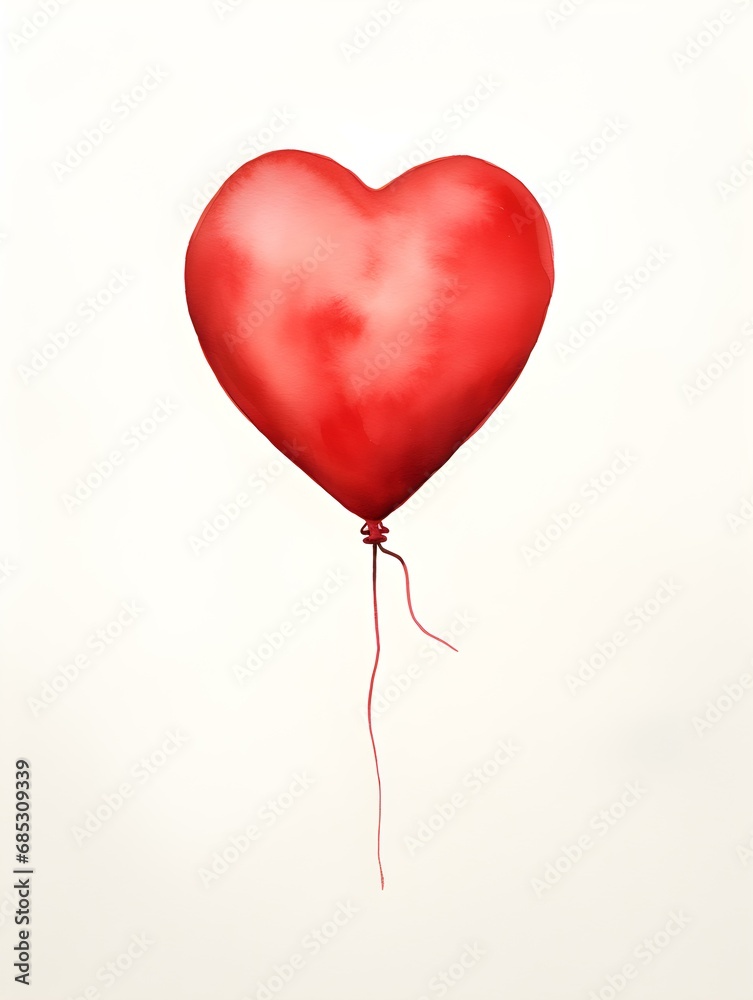 Drawing of a Heart shaped Balloon in red Watercolors on a white Background. Romantic Template with Copy Space