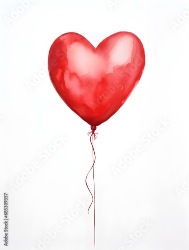 Drawing of a Heart shaped Balloon in red Watercolors on a white Background. Romantic Template with Copy Space