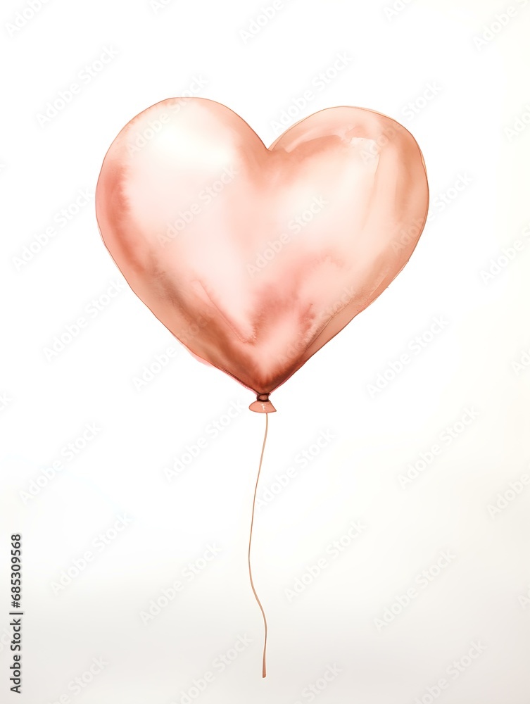 Drawing of a Heart shaped Balloon in rose gold Watercolors on a white Background. Romantic Template with Copy Space Drawing of a Heart shaped Balloon in rose gold Watercolors on a white Background. Romantic Template with Copy Space