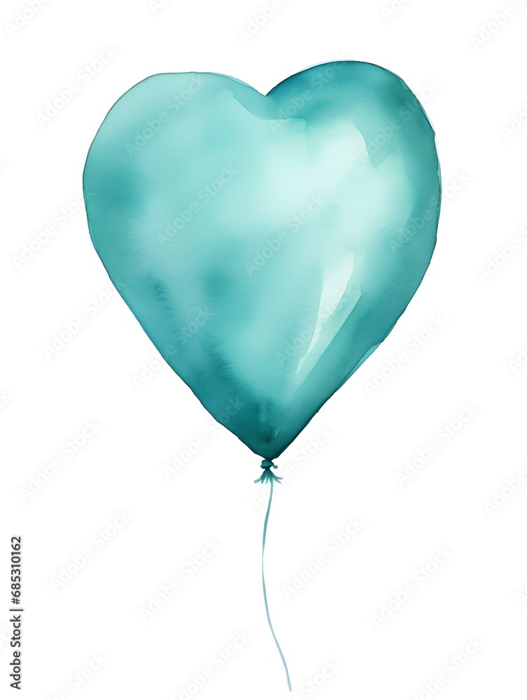 Drawing of a Heart shaped Balloon in turquoise Watercolors on a white Background. Romantic Template with Copy Space Drawing of a Heart shaped Balloon in turquoise Watercolors on a white Background. Romantic Template with Copy Space