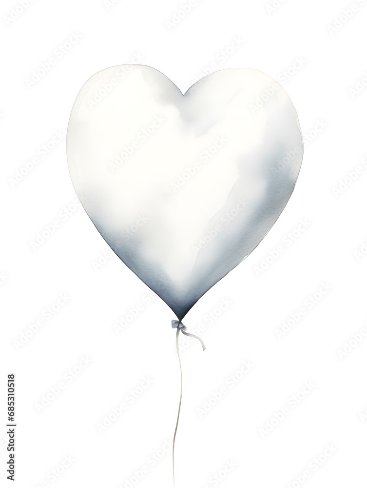 Drawing of a Heart shaped Balloon in white Watercolors on a white Background. Romantic Template with Copy Space