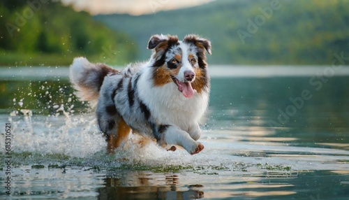 the dog runs on the water marbled australian shepherd on the lake