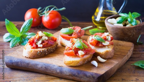 bruschetta tasty savory tomato italian appetizers on a wooden board