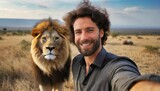 reckless man taking selfies shot with wild lion endangering himself man takes selfie with a big lion during his travel in african savannah