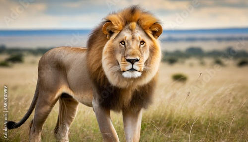 stunning male lion standing in the savannah and looking toward camera