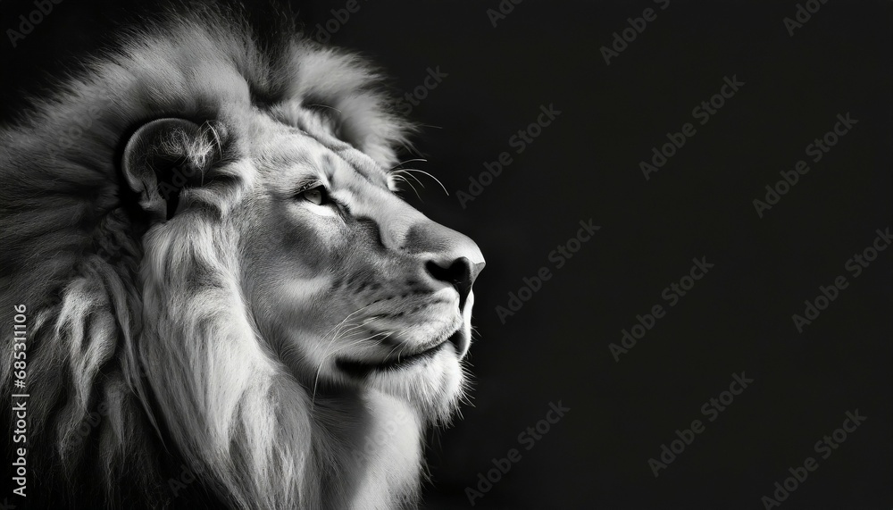 african lion profile portrait on black background spectacular dramatic king of animals proud dreaming panthera leo looking forward low key photo with copy space toned in black and white colors - obrazy, fototapety, plakaty 