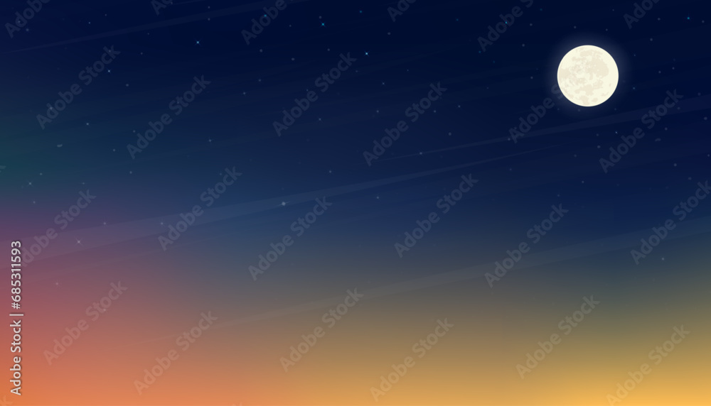 Fototapeta premium Sunset Sky background,Vector Horizon sunrise with full moon in blue,yellow sky in Summer,Panorama beautiful Nature Romantic sky over sea beach in evening Spring