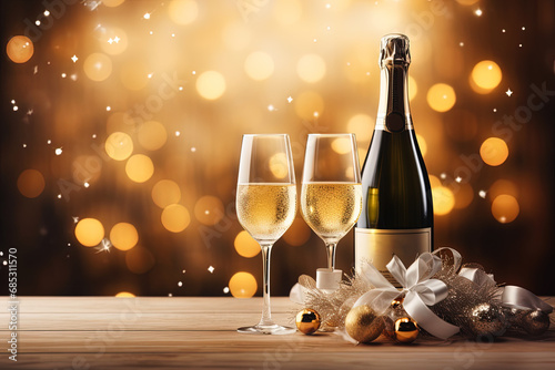 botella de champan junto a dos copas y bolas de navidad sobre soporte de madera y fondo oscuro y dorado desenfocado, efecto bokeh