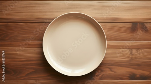 Top View of an empty Plate in beige Colors on a wooden Table. Elegant Template with Copy Space