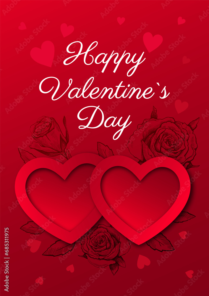 Happy Valentine's Day vertical poster with hearts, hand-drawn roses, and text. Vector modern illustration