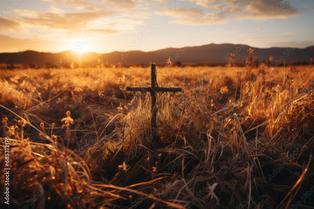 Silhouette christian cross on grass in sunrise background. Generative Ai