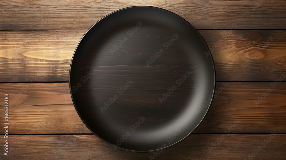 Top View of an empty Plate in black Colors on a wooden Table. Elegant Template with Copy Space Top View of an empty Plate in black Colors on a wooden Table. Elegant Template with Copy Space