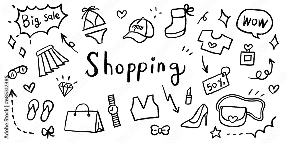 Set of cute hand drawn illustrations of objects. Shopping icons doodles. Cosmetics, clothes, bags, shoes, accessories. Big sale speech bubble. Set of cute hand drawn illustrations of objects. Shopping icons doodles. Cosmetics, clothes, bags, shoes, accessories. Big sale speech bubble.