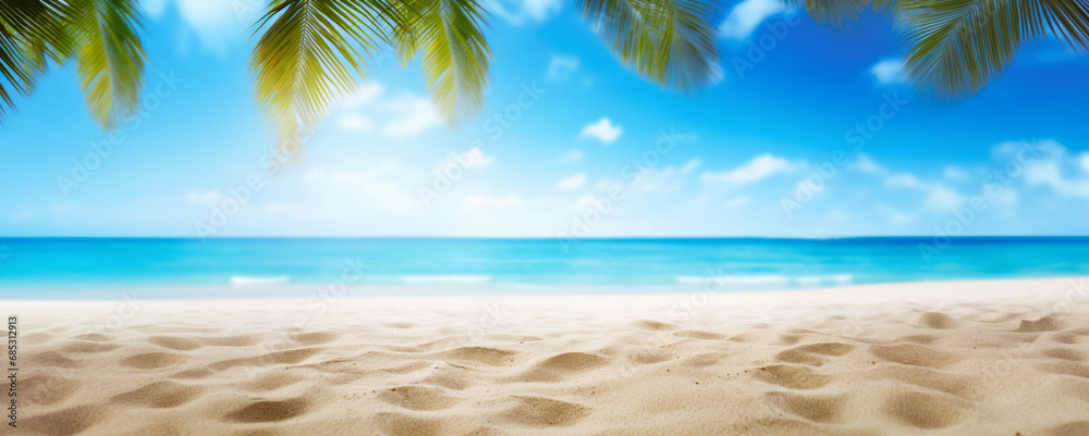 Tropical beach with fine sand, some palm leaves above, calm sea with clear sky in distance. Empty copy space template for vacation or holiday product. Generative AI.