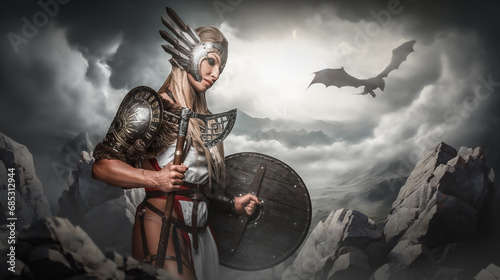 A valiant Valkyrie with a winged helmet stands in a dramatic mountainous terrain with a dragon flying in the stormy sky
