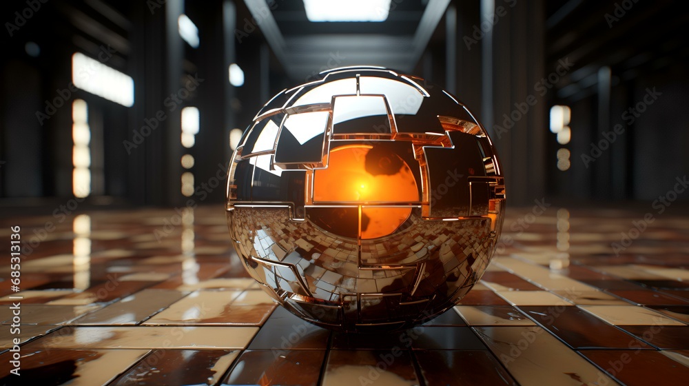 3d rendering of crystal ball on a wooden floor inside a room