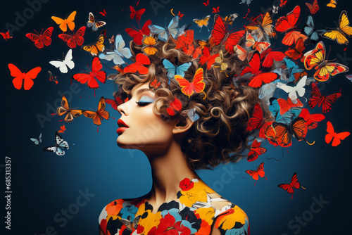 Surreal portrait of a woman with butterflies in her hair. Abstract photo in pop art collage style. Generative Ai #685313357