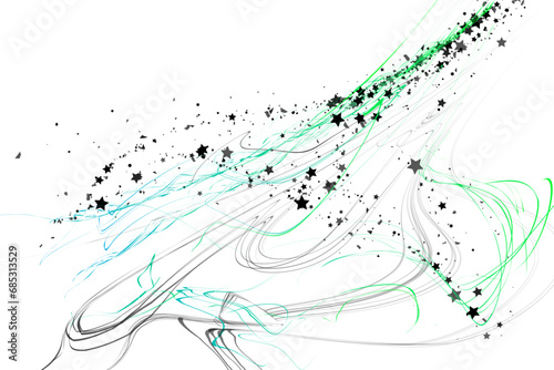 Confetti stars and pencil strokes. The stars fly along the trajectory of the lines. Black, white colors. Festive background. Vector illustration