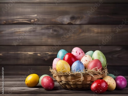 Happy Easter, Easter painted eggs in a basket on a wooden rustic table for your holiday greeting. copy space, AI generator