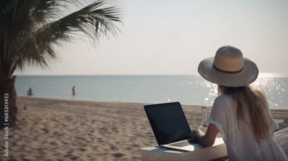 Freelancer digital nomad working with a laptop on a sandy sea or ocean beach, blending work and relaxation, enjoying the seaside office and work from anywhere concept.concept.