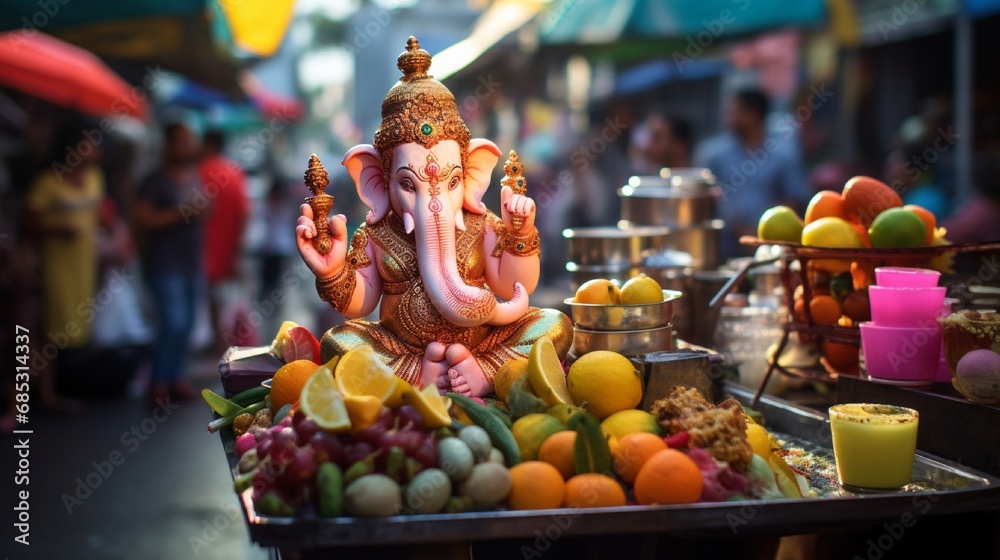 A bustling street food vendor's cart with a Ganesh idol as a part of their colorful display, capturing the essence of local culture. - obrazy, fototapety, plakaty 