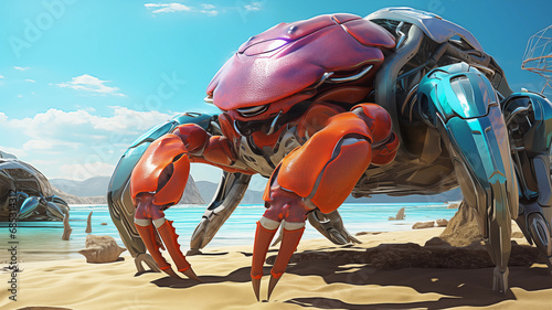 Realistic robotic red crab. Sea futuristic aquatic cyber animal with claws. Sci-fi. © Anton