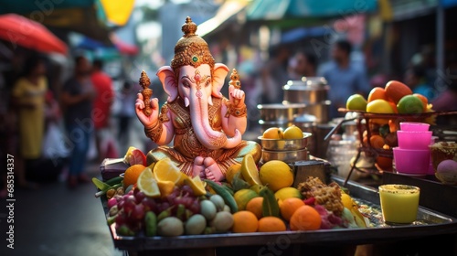 A bustling street food vendor's cart with a Ganesh idol as a part of their colorful display, capturing the essence of local culture.